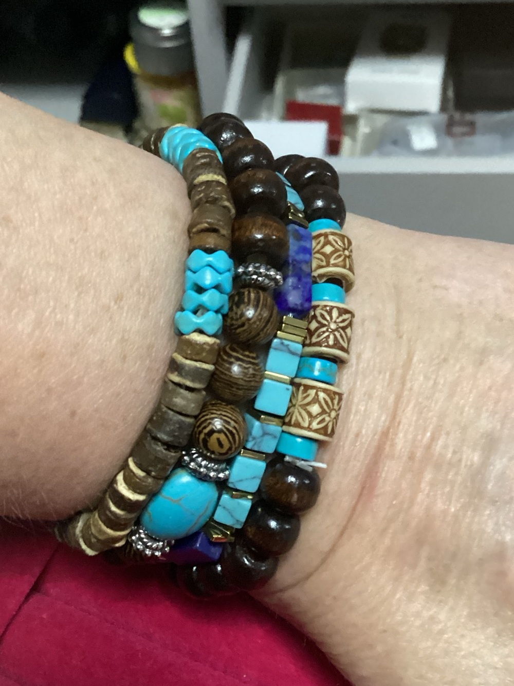 Turquoise & Wood Beaded Stretch Bracelet Set